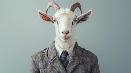 White goat dressed in an elegant suit with a nice tie business man confident.