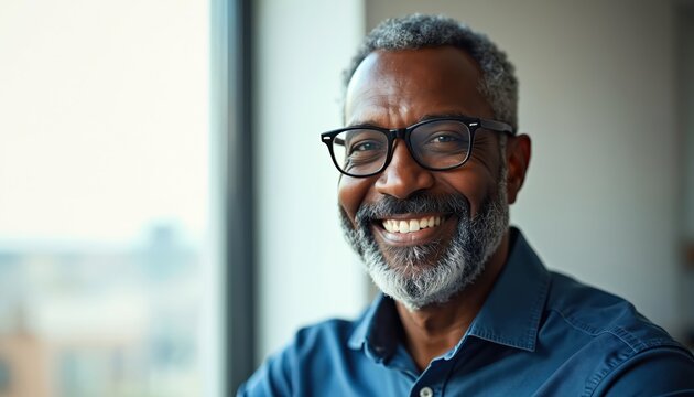 Smiling African American man with grey beard and glasses wears blue shirt indoors near window. He looks successful and confident in his mid-fifties, radiating professionalism and warmth.