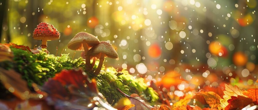 mushrooms growing on a tree trunk in wet moss and fallen leaves, on forest floor under rain drops autumn seasonal.
