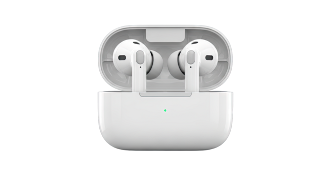 White Wireless Earbuds with Charging Case Open Revealing Earphones and Green Indicator Light on Transparent Background