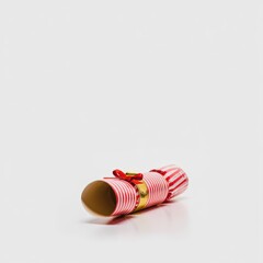 A festive pink Christmas cracker with white stripes and a red ribbon, lying on its side against a plain white background, ready for holiday celebration.