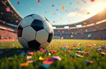 Fototapeta premium Soccer ball on green grass field with colorful confetti falling. Stadium crowd watches event. Sunny sky with bright sun flare illuminates scene.