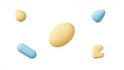 An assortment of colorful, smooth pills and capsules—yellow, blue, and beige—in various shapes (oval, round, oblong) scattered against a clean white background.