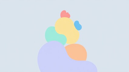 A soft, abstract composition of overlapping, rounded shapes in pastel hues—lavender, peach, mint, yellow, and blue—floating gently on a light gray background.