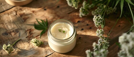 wooden table with hemp leaves and medical cannabis flower bud jar treatment and body care with natural cosmetic herbal therapy.