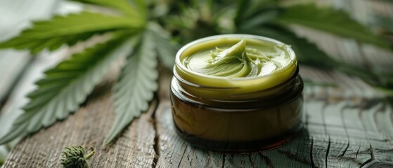 wooden table with hemp leaves and medical cannabis flower bud jar treatment and body care with natural cosmetic herbal therapy.