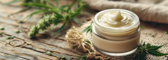 wooden table with hemp leaves and medical cannabis flower bud jar treatment and body care with natural cosmetic herbal therapy.