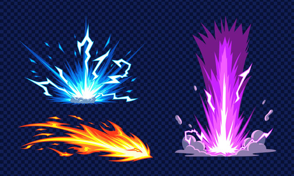 Collection of vibrant energy blasts and fire effects
