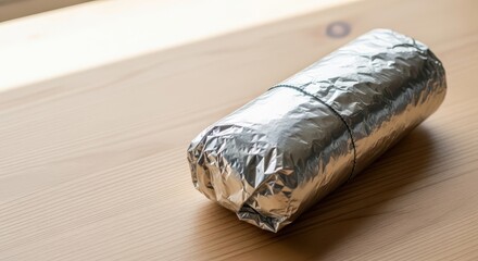 Burrito wrapped in foil on wooden table