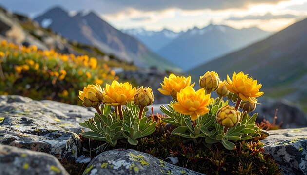 Bright yellow globe flowers bloom amidst a majestic mountain landscape - Powered by Adobe