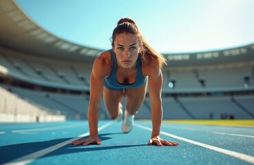 Focused woman sprinter in start position on blue running track. Sportswoman ready to run fast at stadium. Active athletic female wearing sportswear trains outdoors. Cardio workout on racetrack for