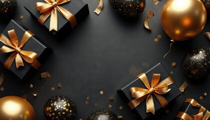 Elegant black, gold celebration scene with gifts, balloons. Black gifts with gold ribbons surrounded by gold, black balloons, confetti on dark background. Luxurious festive decoration with shiny