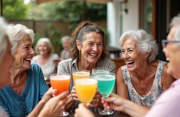 Mature women friends toast colorful cocktails laughing on bar terrace. Senior women enjoy drinks, conversation, social gathering at restaurant patio. Laughter, bonding signify shared happiness,