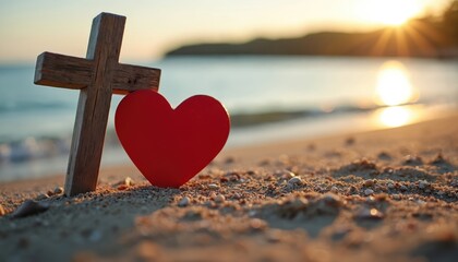Cross and heart on beach represent faith and love concept. Wooden crucifix, red heart symbol on sand near sea at sunset. Religion backdrop on ocean coast. Hope and devotion.