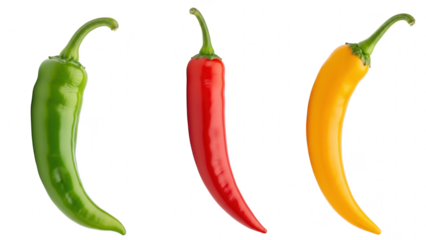 Three vibrant chili peppers isolated on a transparent background for culinary designs