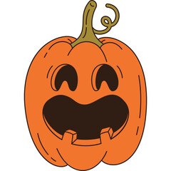 Orange Halloween Jack O Lantern Pumpkin With A Carved Face And A Green Stem Against A White Background
