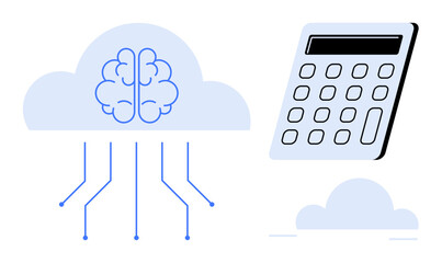 Brain integrated into cloud with circuit lines and calculator signifying AI, data computation, and calculation. Ideal for AI, cloud computing, machine learning, technology, innovation, education