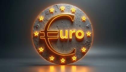 Glowing euro currency symbol with EU stars radiates light. Modern finance icon pulsates with digital energy. Future economic symbol glows brightly in dark.