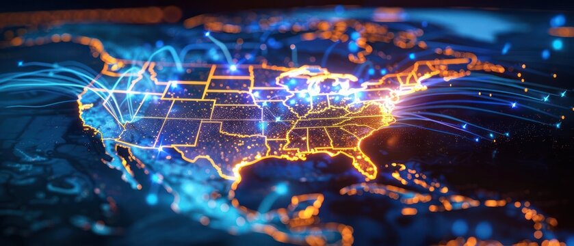 Abstract digital map of USA, concept of North America global network and connectivity, data transfer and cyber technology glowing light.