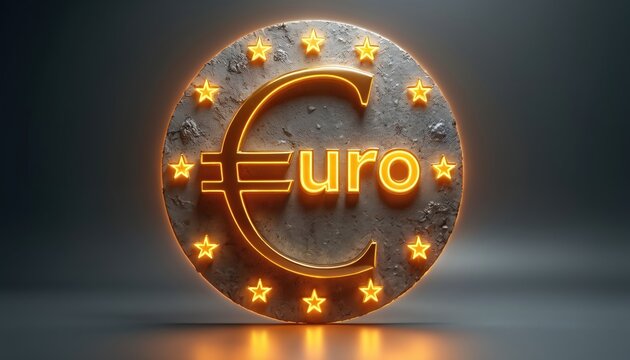 Glowing euro currency symbol with EU stars radiates light. Modern finance icon pulsates with digital energy. Future economic symbol glows brightly in dark.