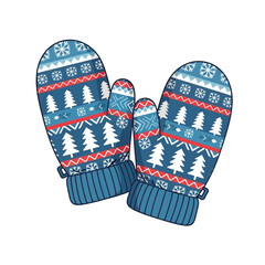 A pair of blue and red knitted mittens with a festive winter pattern featuring white Christmas trees and snowflakes.