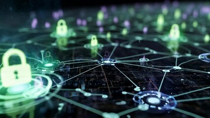 Digital network security concept with lock icons on interconnected nodes. Blockchain or cybersecurity data protection. - Powered by Adobe
