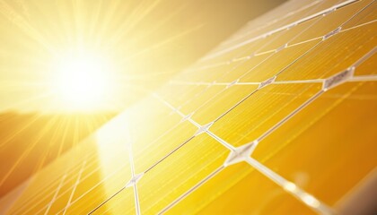 Solar panel surface glows with bright sun rays. Photovoltaic cells absorb sunlight for green energy generation. Clean power source for future.