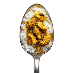 Spoonful of culinary delight: A macro shot showcasing a close-up of a generous spoonful, piled high with fluffy white rice and savory chicken.