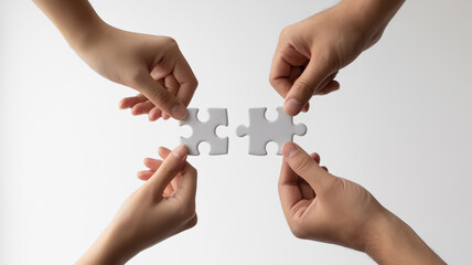 Four hands connecting two puzzle pieces, teamwork and collaboration