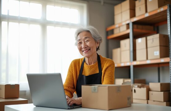 Asian woman works with laptop near boxes in warehouse. Mature seller smiles, checks orders, manages inventory. Small business owner prepares parcel delivery. Happy entrepreneur working in storeroom.