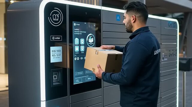 Man Using Automated Parcel Locker for Package Delivery and Collection.