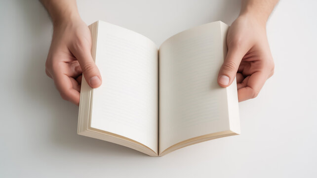 Person holding an open blank book, ready for reading or writing - Powered by Adobe