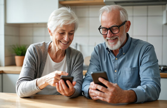 Happy senior couple at home use phones. Elderly grandparents read news in app or shop online. They are smiling and use mobile phones together at kitchen table.