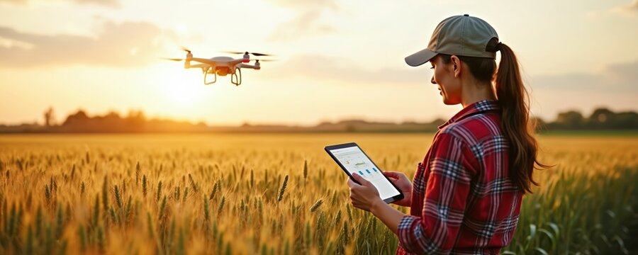 Woman farmer uses tablet in wheat field at sunset. Drone flies overhead monitoring crop. Modern agriculture uses tech for data collection. Future farming is here. - Powered by Adobe