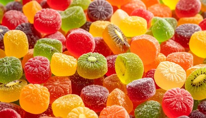 Colorful assortment of fruit flavored gummy candies with sugar coating close-up view