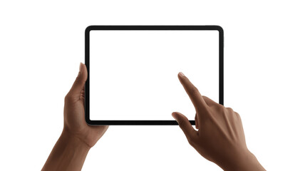 Hands holding a tablet computer with a blank white screen