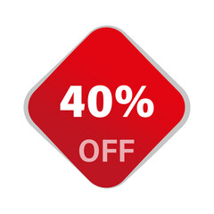 Discount offer vector. Forty percent OFF. Red square button. Promotion sale label.