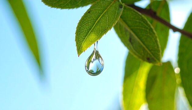 Captivating water droplet hanging from a vibrant green leaf under a clear blue sky