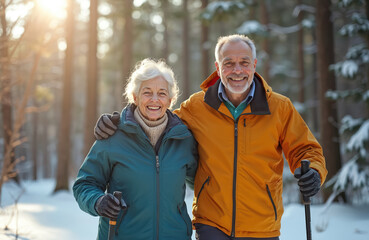 Active senior couple smiles at camera in winter forest. Man hugs woman. They wear warm clothes, enjoy nature on sunny day. Man, woman walk with poles on snow. Healthy old people love hiking outdoors.