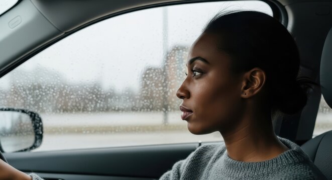Woman driving a car while looking out rainy window in urban setting  