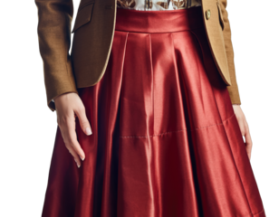 Woman Wearing Festive Red Skirt and Gold Sequin Jacket Isolated on Transparent Background Festive Holiday Outfit Celebration Sparkle