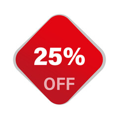 Discount offer vector. Twenty five percent OFF. Red square button. Promotion sale label.