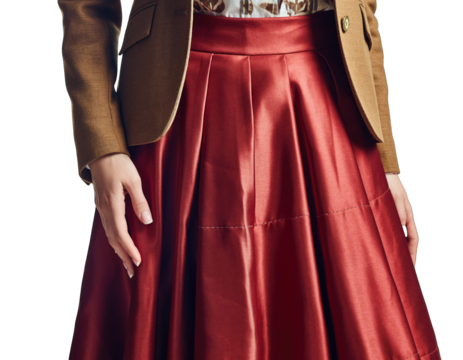 Woman Wearing Festive Red Skirt and Gold Sequin Jacket Isolated on Transparent Background Festive Holiday Outfit Celebration Sparkle - Powered by Adobe