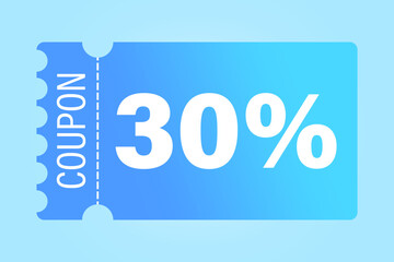 Discount coupon vector. Thirty percentage reduction. 30 percent savings. Light blue background.