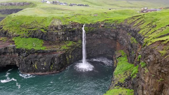 Mulafossur Waterfall and Gasadalur Village, Faroe Islands