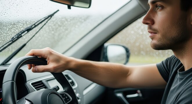 Young man driving a car while activating windshield wipers in rain