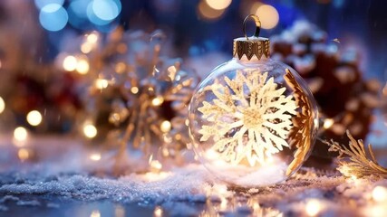 Clear christmas ornament with a snowflake design standing on a bed of snow and twinkling lights - Powered by Adobe