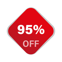 Discount offer vector. Ninety five percentage reduction. 95 percent savings. Red square button.