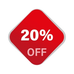 Discount offer vector. Twenty percentage reduction. 20 percent savings. Red square button.