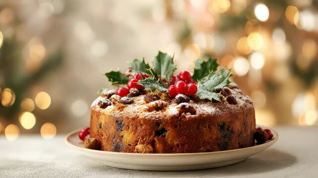 Festive holiday fruitcake on a plate with bokeh lights background